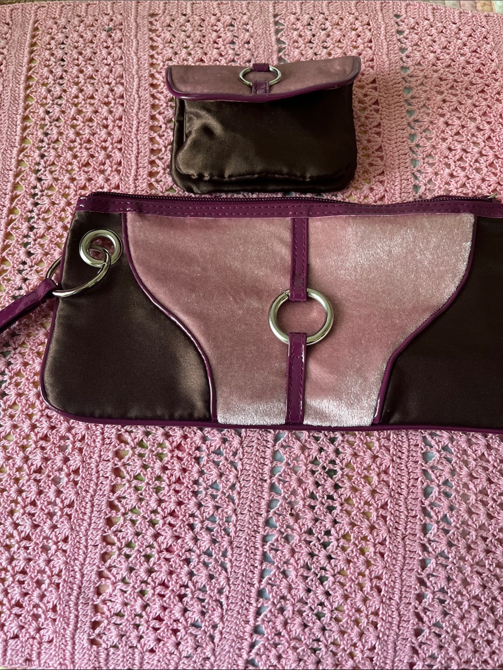 Satin Two-Piece Wristlet Clutch Set in Pink and Brown